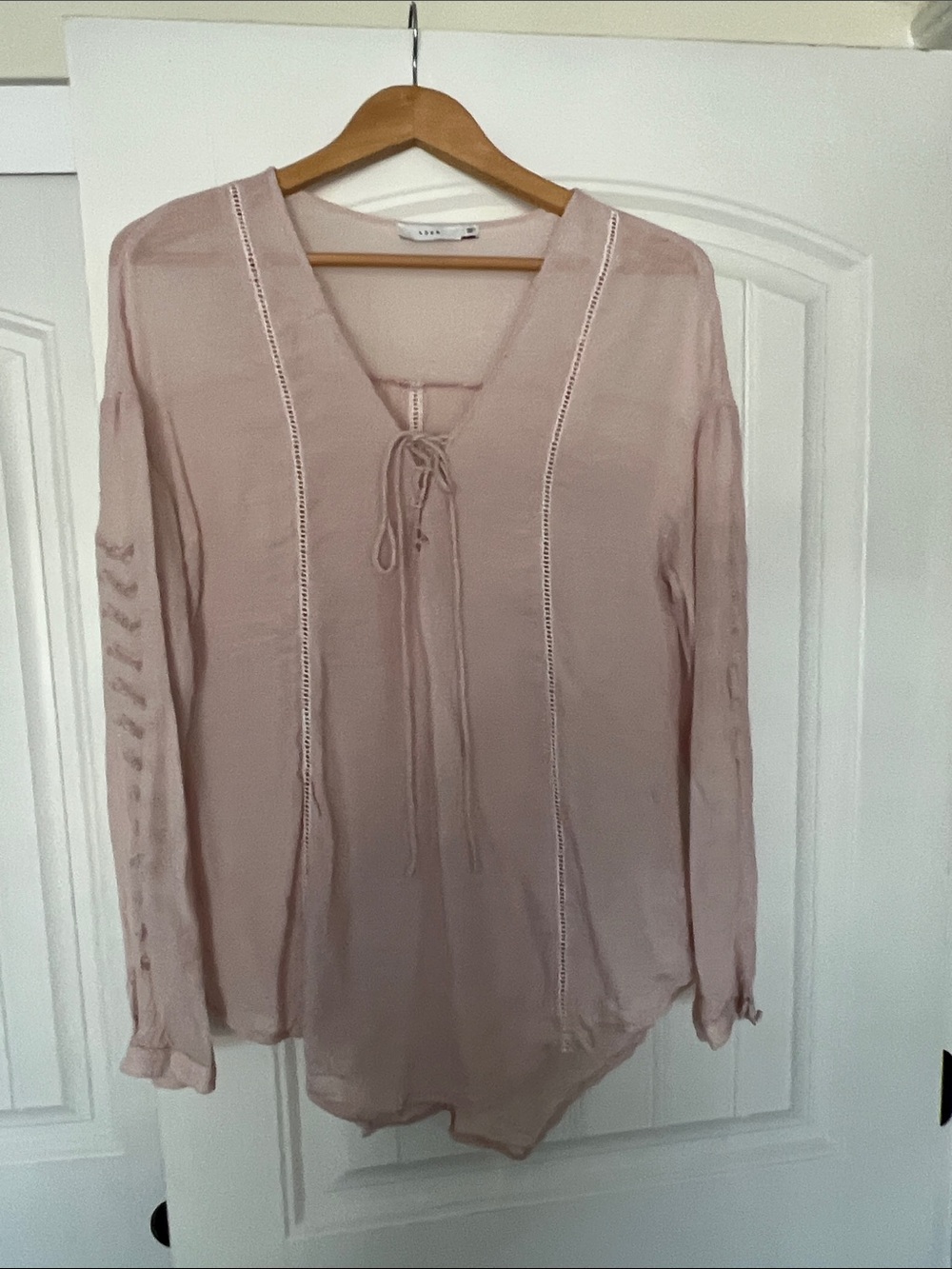 Light Mauve Lace-Trim Tie-Neck Blouse